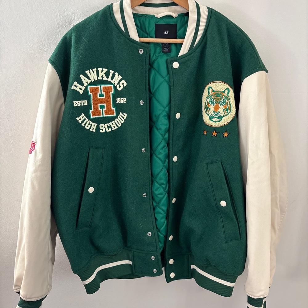 H&M STRANGER THINGS Green and Cream Varsity Jacket